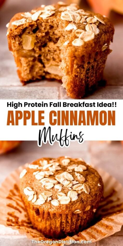 Apple Cinnamon Protein Muffins - The Oregon Dietitian Apple Protein Muffins, Cinnamon Protein Muffins, Healthy Protein Muffins, Protein Powder Muffins, Protein Breakfast Muffins, Healthy Fall Breakfast, Low Sugar Yogurt, Apple Carrot Muffins, Apple Muffins Healthy