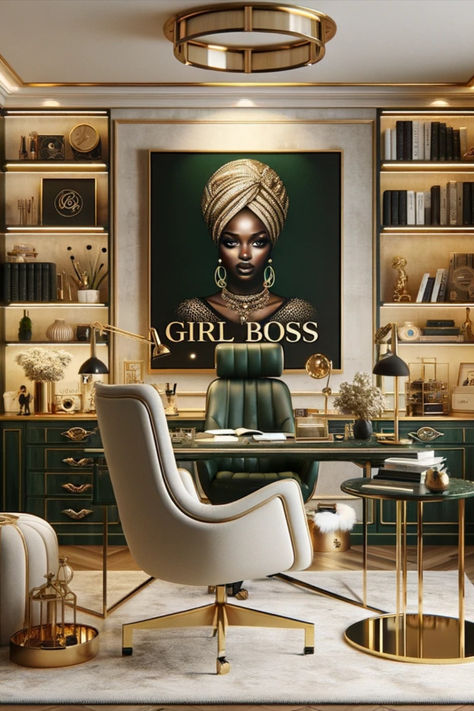 Elegant Office Decor Luxury, Green Gold Office Decor, Home Office Gold Accents, Glamorous Office Ideas, Black And Gold Office Design, Home Office Aesthetic Luxury, Dream Home Office Luxury, Upscale Office Design, Emerald Green And Gold Office