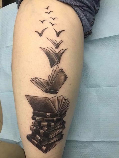 Books taking flight by Michael Heard, Arch Angel Tattoo in Columbus Georgia. Open Book Tattoo, Book Tattoos, Bookish Tattoos, Fairy Tattoo Designs, Muster Tattoos, Tattoos For Lovers, Inspiration Tattoos, Cat Tattoos, Tiny Tattoo