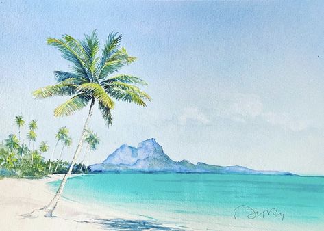 Watercolor Tropical Landscape, Beach Watercolour Painting, Beach Watercolor Paintings, Island Watercolor, Tropical Beach Painting, Ocean Art Painting, Digital Art Journal, Landscape Painting Tutorial, Palm Trees Painting