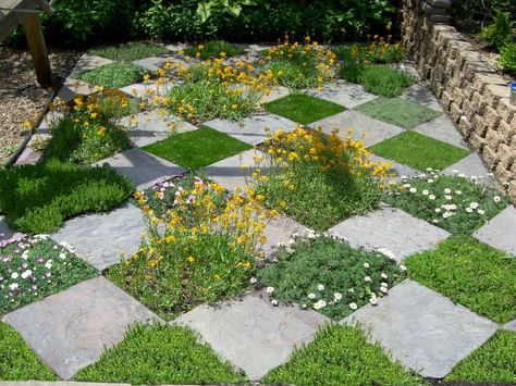 Checkerboard garden design. Just one of the many #gardendesigns here ... Paver Patterns, Grass Pattern, Garden Pathway, Garden Cottage, Lawn And Garden, Front Garden, Belleza Natural, Garden Styles, Dream Garden