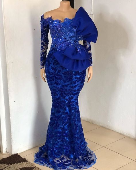 A Line Gown Lace Aso Ebi, Royal Blue Aso Ebi Lace Styles, Ankara Clothes, Native Clothes, African Evening Dresses, Evening Dresses Lace, Nigerian Lace Dress, Asoebi Style, Lace Bridal Dress