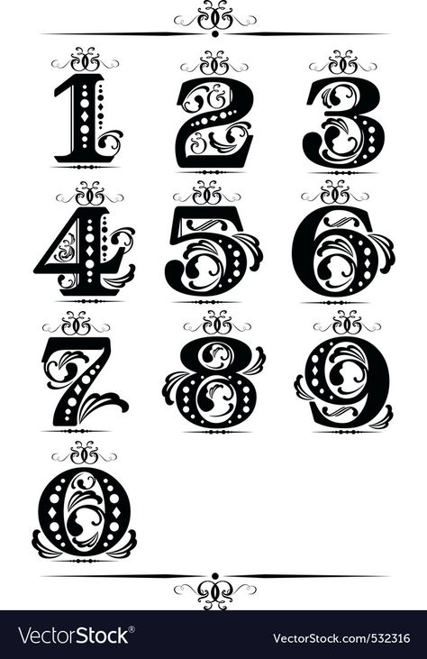 Decorative number element Royalty Free Vector Image Decorative Numbers Font, Fancy Number Fonts Design, Hand Drawn Numbers, Victorian Numbers, Letter And Number Fonts, Stylish Number Fonts, Calligraphy Numbers Fonts, Typography Numbers Design, Number Fonts Design