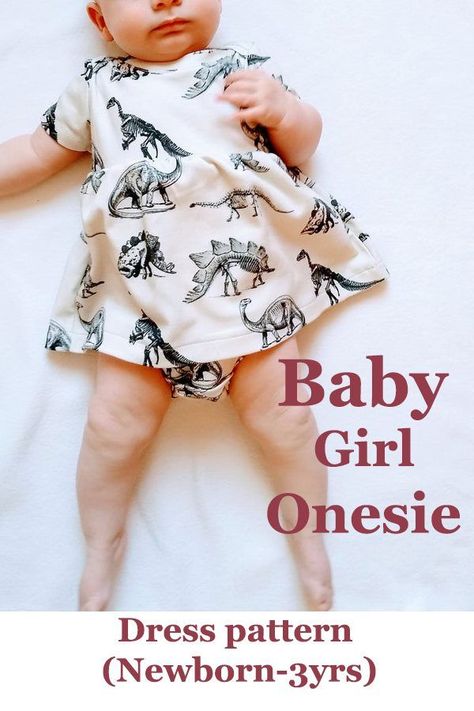 Baby Girl Onesie Dress pattern (Newborn-3yrs). This is a really great pdf pattern. You can choose between long and short sleeve. The dress has an overlapping neck, which makes it really easy to put it on and off. You can also use the pattern to make lap neck onesies without the skirt (which will be fit for boys too), and also a tunic dress - without the bottom part of the bodysuit. So many options to dress up your cutie! #SewModernKids #SewingForBabies #SewingForToddlers #SewAGirlsDress Infant Dress Pattern Free, Sewing Projects For Baby Girl, Newborn Sewing Patterns, Baby Clothes Patterns Free, Onesie Sewing Pattern, Baby Onesie Template, Homemade Baby Clothes, Sewing Patterns For Baby, Onesie Pattern