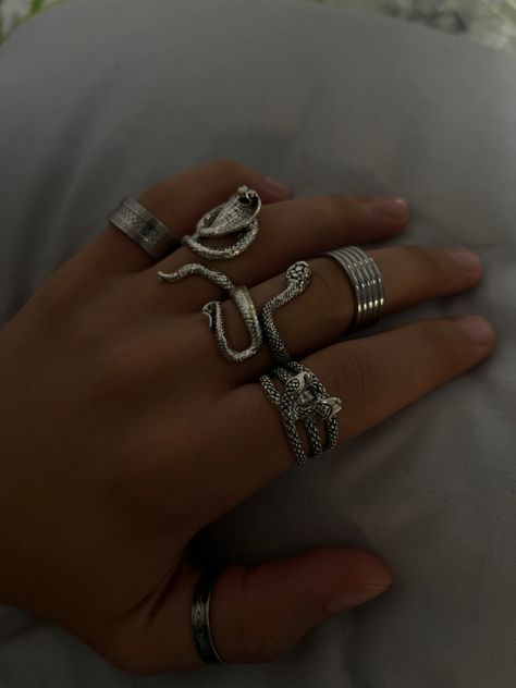 Aesthetic snake rings @itsgarthy Rings Aesthetic Grunge Man, Dark Rings Aesthetic Men, Alt Rings Aesthetic Men, Men Jewelry Aesthetic Rings, Aesthetic Jewelry For Men, Silver Snake Aesthetic, Y2k Rings Aesthetic Men, Man's Hand With Rings, Snake Ring For Men