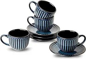 Enhance Your Coffee Experience with Striking Ribbed Design: Elevate your coffee experience with a set of 4 elegant espresso cups and saucers featuring a unique ribbed design. These glossy blue cups effortlessly complement your home decor. Optimal Temperature Retention with Thick Cup Walls: Enjoy your coffee at its best with cups and saucers featuring insulating Ceramic Espresso Cups, Set Aesthetic, Blue Cups, Coffee Experience, Coffee Espresso, Double Shot, Cappuccino Cups, Demitasse Cups, Cups And Saucers