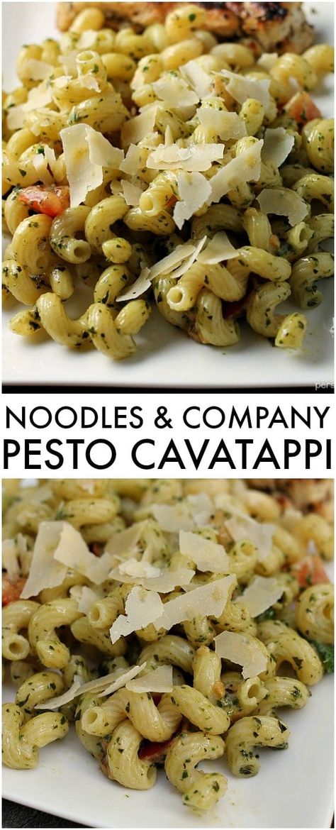 Homemade Noodles & Company Pesto Cavatappi is the perfect copycat version made right in your own kitchen! Making pesto is probably easier than you think! | Persnickety Plates Chicken Pesto Cavatappi, Pesto Cavatappi Noodles And Company, Noodles And Company Pesto Cavatappi, Noodle And Company Recipes, Noodles Pesto Cavatappi Recipe, Easy Cavatappi Pasta Recipes, Chicken Cavatappi, Pesto Cavatappi Recipe, Pesto Cavatappi