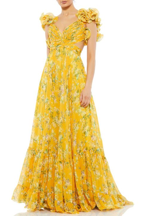 Designer Formal Dresses, Printed Long Dresses, Mac Duggal, Chiffon Gown, Chiffon Ruffle, Gorgeous Gowns, Floral Chiffon, Chiffon Fabric, Mesh Dress