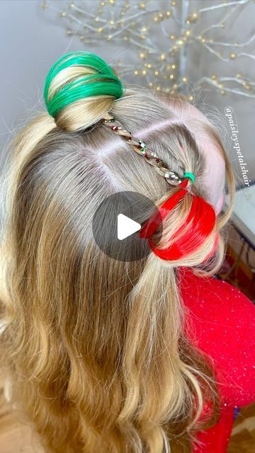 Jenna McDaniel- Girl’s Hairstyles on Instagram: "🎄HOLIDAY HAIRSTYLE!🎄  We are loving these festive  mini topsy tail buns!! We split the red ponytail into two, Paisley’s natural hair & the red extension, then added a rope twist with her natural hair, and added it into the opposite side. Finished with mini topsy tail buns!!   **Colored clip in hair are from @girlielocksco ❤️ code paisleyspetals gets ya a discount!  **Hair glitter is from @hac.glitter they have so many to choose from!  **The topsy tail tool is linked in our bio under Amazon! We use it almost daily!   All of these would make a great stocking stuffers!" Kids Christmas Hairstyles Fun, Who Hairstyles Dr Seuss, Ribbon Bun Hairstyle, Cindy Lou Who Hairstyle Diy, Topsy Tail Hairstyles For Kids, Easy Whoville Hair, Easy Christmas Hairstyles For Kids, Whoville Hairstyles Easy, Hair With Tinsel