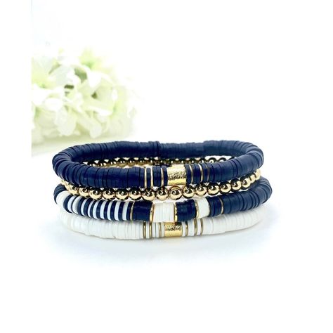 Navy And White Heishi Clay Polymer Beads With 18k Gold Accent Beads. All Three Bracelets Are Included In This Bundle. Stretch Bracelets Measure About 7” Heishi Beads Are Environmentally Friendly Polymer Clay And Extremely Resilient, Lightweight, And Retain Their Vibrant Colors. Each Has 18k Gold Plated Spacers Or Drum Anchor Beads. Thank You For Your Interest!! Free Gift With Purchase. Navy Heishi Bracelet, Flat Bead Bracelet Patterns, Masculine Clay Bead Bracelet, Navy Clay Bead Bracelet, Navy Blue Clay Bead Bracelets, Bracelets Polymer Clay, Beaded Clay Bracelets, Clay Bead Set Ideas, Clay Beads Jewelry Ideas