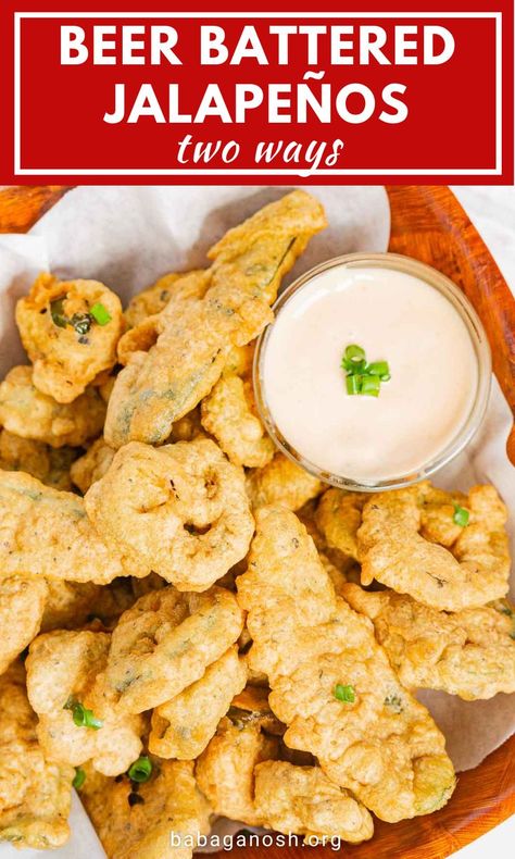 Easy Beer Batter, Vegetarian Party Snacks, Beer Batter Recipe, Jalapeno Appetizer, Beer Battered Fries, Recipes With Banana Peppers, Fried Jalapenos, Vegetarian Party, Creamy Dipping Sauce