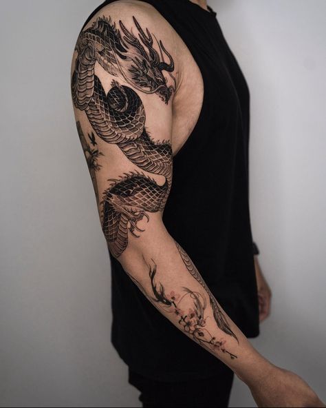 Dragon Tattoo Around Arm, Tattoo Ideas For Men Meaningful, Forearm Tattoo Ideas For Men, Dragon Tattoo Shoulder, Dragon Tattoo Arm, Forearm Tattoo Ideas, Dragon Tattoo Ideas, Dragon Tattoos For Men, Dragon Sleeve