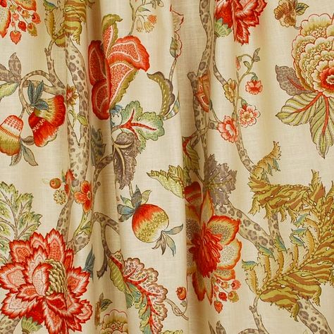 Malawi Khaki Floral Jacobean Fabric | Etsy Floral Drapery Fabric, Floral Drapery, Covington Fabric, Jacobean Floral, Linen Curtain Panels, Small Window Curtains, Waverly Fabric, Linen Curtain, Red Panels