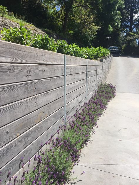 Concrete Sleeper Retaining Walls, Retaining Wall Fence, Concrete Fence Wall, Sleeper Retaining Wall, Retaining Wall Ideas, Wood Retaining Wall, Diy Retaining Wall, Concrete Sleepers, Fence Wall Design