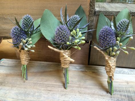 Scottish Wedding Traditions, Thistle Boutonniere, Vowel Renewal, Blue Thistle, Prom Corsage, Madison Wedding, Corsage And Boutonniere, Blue Wedding Flowers, Scottish Thistle