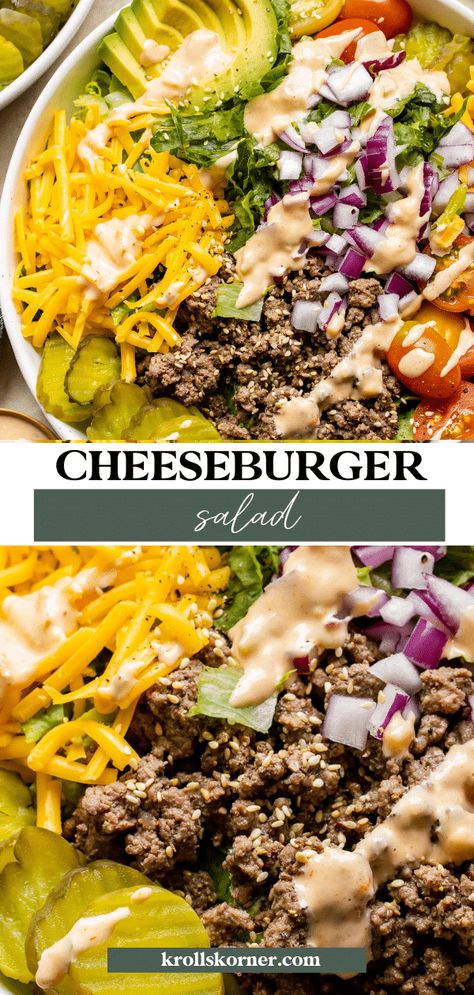 Ground Beef Salad Recipes, Fwtfl Recipes, Hamburger Salad, Cheeseburger Salad, Suddenly Salad, Burger Salad, Red Onion Relish, Burger Toppings, Beef Salad