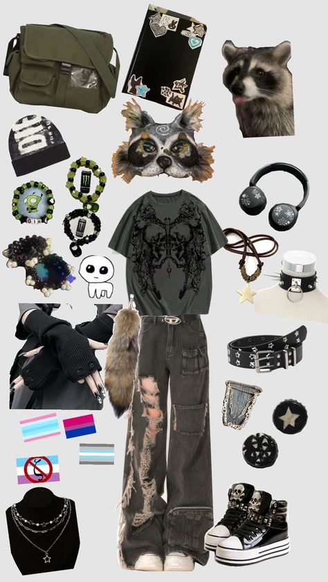 Demigirl Outfit Ideas, Therian Clothing Style, Trans Crafts, Therian Raccoon, Trans Masc Fashion, Trans Outfits Ftm, Trans Ftm Outfits, Trans Kandi, Therian Clothes