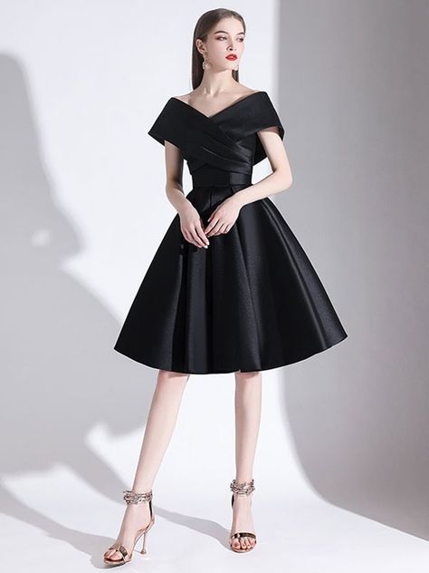 Evening Dress A-Line V-Neck Knee-Length Short Sleeves Lace-Up Pleated Satin Fabric Cocktail Dress Little Black Dress - Milanoo.com Black V-neck Banquet Dress, Elegant V-neck Tea Length Dress, Black Short Sleeve Evening Dress, Short Sleeve Midi Dress For Banquet, Elegant V-neck Tea Length Dress For Party, Black Knee-length Dress For Banquet, V-neck Mini Dress For Banquet, Black Short Sleeve Dress For Banquet, Black V-neck Midi Dress For Evening