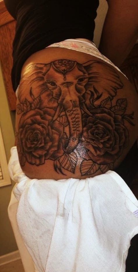 Elephant Tattoos Side Thigh, Elephant Thigh Tattoo Black Women, Black Women Hip Tattoo, Pretty Thigh Tattoos Black Women, Hip Thigh Tattoos Black Women, Hip Tattoos Black Women, Elephant Thigh Tattoos Women, Hip And Thigh Tattoos Women, Thigh And Bum Tattoo Women