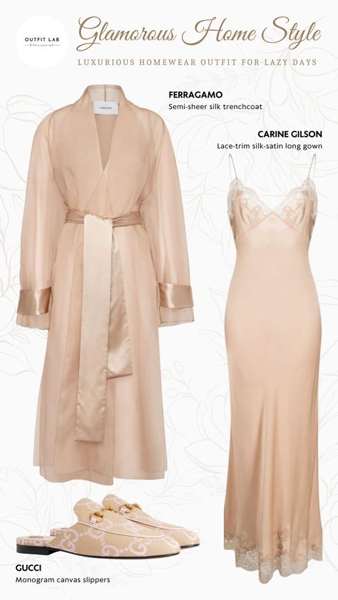 Unveil the Essence of Luxury with Ferragamo's silk trenchcoat, paired with the enchanting Carine Gilson gown. Complete the look with Gucci's Slippers and elevate your home with this indulgent outfit! #LoungeWear #HouseWear #SleepWare #HouseWearAesthetic #HomeLoungeOutfit #SummerLoungeWear #ComfyOutfitsForHome Elegant Loungewear Dress, Stylish Pajamas For Women, Old Money Lounge Wear, Luxury Lounge Wear, Elegant Lounge Wear, Outfits To Wear At Home, Feminine Loungewear, Outfit Pajamas, Homewear Outfit