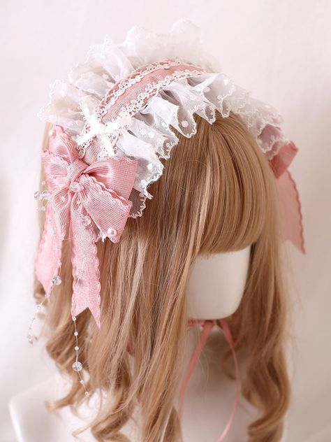 Elevate your kawaii look with our bead details pink bowknots sweet lace hairband. This adorable hair accessory features delicate lace, charming pink bowknots, and intricate bead details. It's the perfect addition to any Lolita or Kawaii outfit, adding a touch of sweetness to your ensemble.  Please note that this product includes only one hairband. Pastel Pink Accessories, Princess Hair Accessories, Candy Hair Accessories, Kawaii Accessories Jewelry, Kawaii Accessories Hair, Pink Headband Outfit, Cute Hair Accessories Aesthetic, Pelo Aesthetic, Kawaii Headband