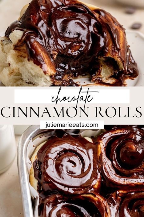 These delicious chocolate cinnamon rolls are filled with a chocolate cinnamon sugar filling, chocolate chips and topped with a chocolate cream cheese frosting! These rolls uses both the brioche and the tangzhong method (method used in milk bread) making them extra soft. Hot Chocolate Cinnamon Rolls Recipe, Hot Chocolate Cinnamon Rolls, Deli Rolls, Tangzhong Method, Chocolate Cinnamon Rolls, Chocolate Rolls, Sweet Roll Recipe, Dessert Original, Too Much Sugar