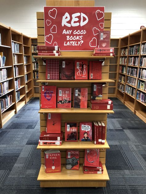 February Book Displays Libraries, Bookshop Display Ideas, Thanksgiving Book Display Library, Book Store Display Ideas, Valentines Book Display, New Book Display Ideas Library, Middle School Library Ideas, Middle School Library Decorating Ideas, High School Library Design