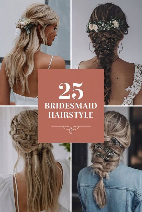 Bridesmaid hairstyles elevating wedding party looks with elegance. Explore updo designs, romantic braids, and flowing curls for bridesmaids. Discover bridesmaid hairstyle ideas featuring floral accessories, sleek buns, and half-up half-down styles. Find inspiration for bohemian waves, classic chignons, and coordinating bridesmaid hair looks. Get styled with these beautiful hairstyles perfect for complementing the bride and enhancing wedding day glamour. Braided Maid Hairstyles, Braid For Wedding Bridesmaid, Bridesmaid Hair With Strapless Dress, Elegant Bridesmaid Hairstyles, Bridesmaid Hairstyle Ideas, Bridesmaid Hair Half Up Braid, Boho Bridesmaid Hair, Bridesmaid Hair Braid, Bridesmaid Hairstyle