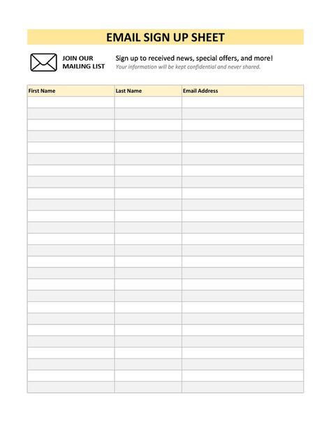 Email List Sign Up Template, Email List Template Free Printable, Email List Template, Sign Up Sheet Template, Guest List Template, Wedding Guest List Template, Sign Up Sheets, Success Message, Resume Template Examples