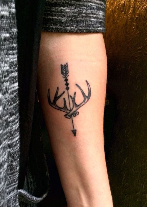 Antlers & Arrows Mens Antler Tattoo, Minimalist Hunting Tattoo, Deer Arrow Tattoo, Arrow Memorial Tattoo, Bow Hunting Tattoos For Men, Archery Hunting Tattoos, Small Deer Antler Tattoos For Women, Deer Antler Tattoos Men, Archery Tattoo Mens