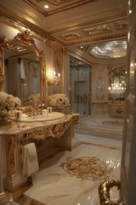 Old Money Bathroom, Trendy Mirror, Golden Bathroom, Elegant Bathroom Ideas, Romantic Bathrooms, Royal Bathroom, Old Money House, Fancy Bathroom, Dream Bedroom Inspiration