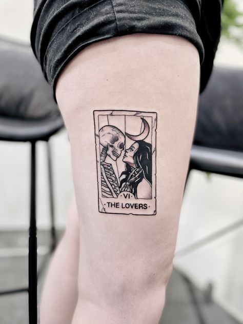 Tarot Card Tattoo Ideas, Tarot Card Tattoos, Tarot Card Tattoo Design, The Lovers Tarot Card Tattoo, Five Tattoo, Skeleton Couple Tattoo, Lace Thigh Tattoos, Card Tattoos, Ant Tattoo