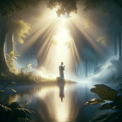 A serene and introspective scene depicting an individual in a moment of prayer, surrounded by a soft, ethereal light that symbolizes divine presence. The environment is peaceful and calming, with gentle natural elements like a tranquil stream or a lush garden, reflecting the theme of self-acceptance and God's love. The individual is portrayed in a humble yet confident posture, embodying the... God's Presence Images, Acceptance Prayer, Biblical Pictures, Confident Posture, Christian Background Images, Jesus Son, Jesus Background, Jesus Son Of God, Printable Wall Collage