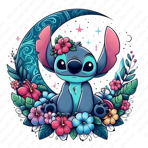 Cute Stitch Pictures, Stitch Disney Cute, Stitch With Flowers, Stitch Sublimation, Stitch Illustration, Stitch Clipart, Disney Stitch Tattoo, Lilo And Stitch Tattoo, 626 Stitch