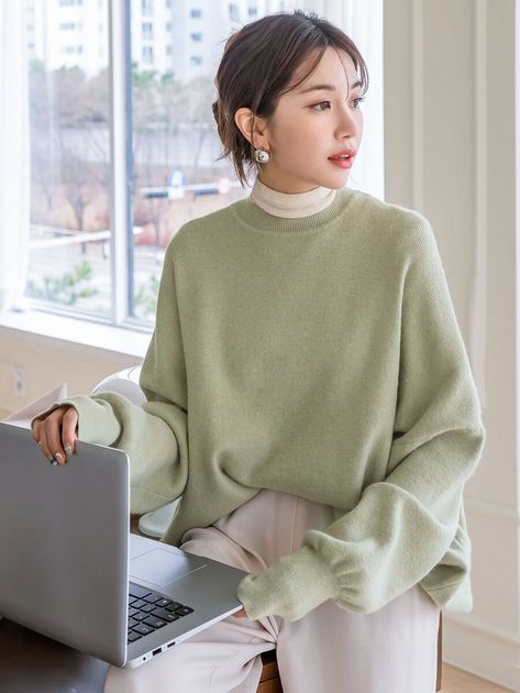 DAZY Solid Drop Shoulder Oversized Sweater | SHEIN USA Mint Green Sweater Outfit Winter, Light Green Sweater Outfit, Mint Green Sweater Outfit, Mint Sweater Outfit, Green Jumper Outfit, Light Green Outfit, Green Sweatshirt Outfit, Long Green Sweater, Korean Fall Outfits