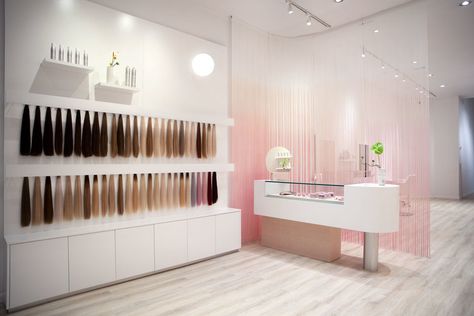 Hair Salon Design - The extensions Display Glam Seamless, Hair Extension Shop, Hair Extension Salon, Hair Salon Design, Seamless Hair Extensions, Hair Salon Interior, Salon Suites Decor, Hair Salon Decor, Luxy Hair