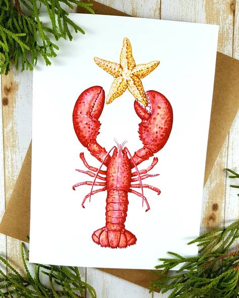 Here is my take on the Christmas Lobster.  One of my favorite scenes from Love Actually is about a Christmas Lobster. Anyone know it? #christmaslobster #prelude #lobster #christmascard #starfish #star #holidaycard #coastalchristmas #maine #maineart #maineholiday #custeasan #redlobster #celebratechristmas #christmascards2019 Beachy Christmas Cards, Christmas Lobster, Nautical Christmas Cards, Christmas Card Size, Mermaid Christmas, Maine Art, Nautical Christmas, Beachy Christmas, Coastal Holiday