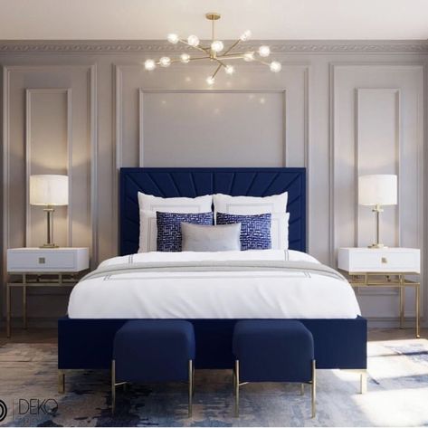 Blue Bed, Luxe Bedroom, Bedroom Ideas Aesthetic, Blue Bedroom Decor, Bedroom Interior Design Luxury, Elegant Bedroom, Bedroom Furniture Design, Modern Bedroom Design, Master Bedrooms Decor