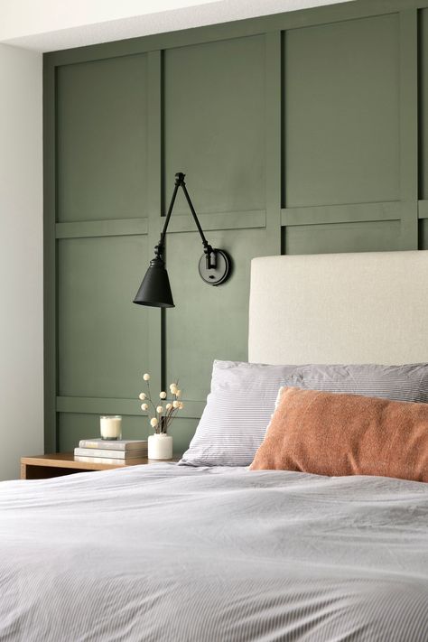 Wall Lights Bedroom Modern, Matte Green Accent Wall, Dark Green Batten Board, Square Accent Wall Bedroom, Blue Board And Batten Wall Bedroom, Batten Board Bedroom, Orange Board And Batten, Board And Batten Wall Behind Bed, Bedroom Wall Texture Design