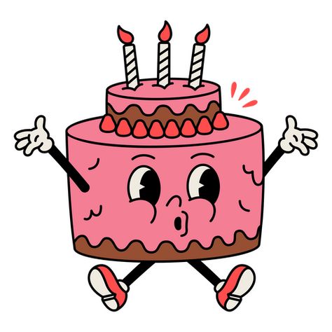 Birthday Cake Illustration Drawing, Vintage Cake Drawing, Cake Character Design, Bakery Character, Cartoon Cake Drawing, Cake Graphic Design, Happy Birthday Graphic, Candle Cartoon, Birthday Cake Cartoon