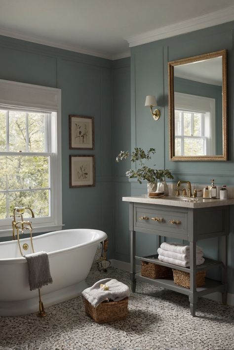 interior design, designer wall paint, paint color match, home paint colors Ensuite Paint Colours, West Facing Bathroom, Blue Green Paint Bathroom, North Facing Bathroom Paint Colors, Bathroom North Facing, Green For North Facing Room, Bathroom Colour Schemes, Green Bathroom Paint, Powder Room Paint Colors