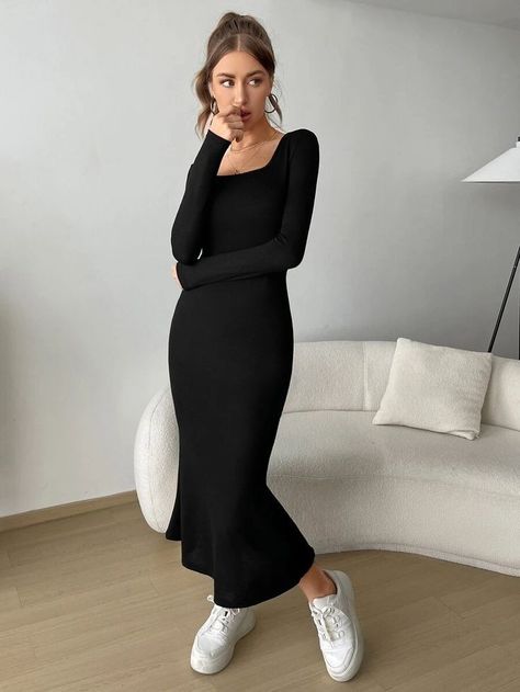 Shop this look, #ad Square Neck Midi Dress Long Sleeve, Black Square Neck Midi Dress, Black Body Con Dress Outfit, Modest Bodycon Dress, Long Black Dress Outfit Casual, Long Sleeve Long Dress Casual, Black Bodycon Dress Outfit, Long Black Dress Outfit, Long Black Bodycon Dress