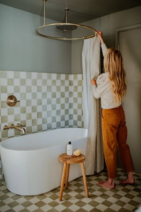 Sarah Sherman Samuel Shares 3 Bathroom DIYs: Checkerboard Tile, IKEA Cabinet Hack, and Tub-Shower Conversion | Architectural Digest Ikea Hack Vanity, Ikea Godmorgon, Ikea Vanity, Vintage Bathtub, Sarah Sherman, Sarah Sherman Samuel, Dark Bathrooms, 아파트 인테리어, Guest Bathrooms