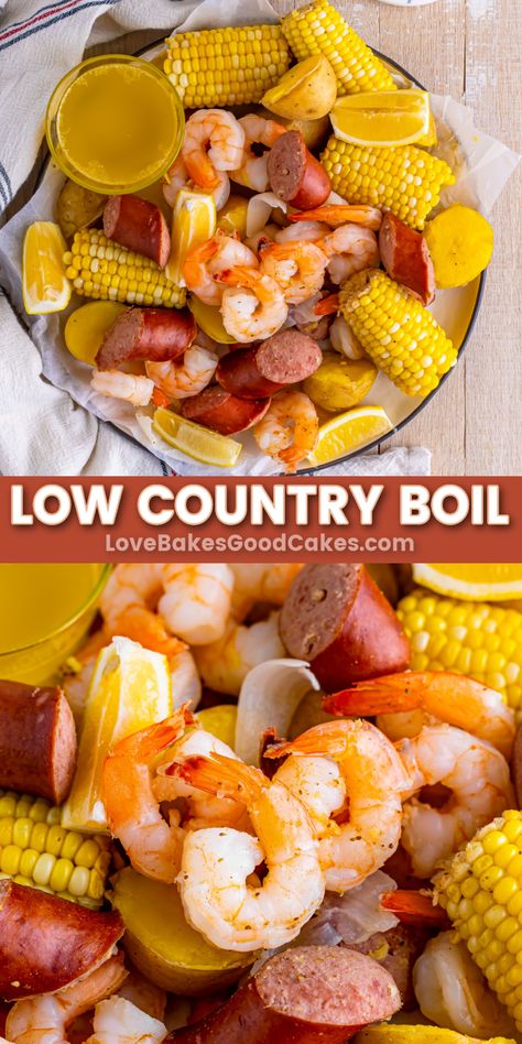 Low Country Boil pin collage Country Boil Recipe, Low Country Shrimp Boil, Pig Recipes, Low Country Boil Recipe, Corn And Potatoes, Boiled Dinner, Country Boil, Low Country Boil, Boiled Food