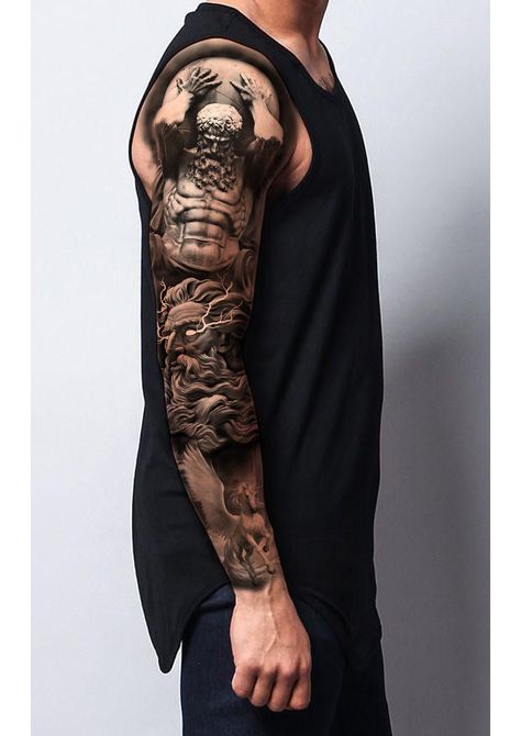 Atlas Sleeve Tattoo, Philosophy Tattoos, Arm Cover Up Tattoos, Mother Mary Tattoos, Tattoo Homme, Roman Tattoo, Atlas Tattoo, Outer Forearm Tattoo, Poseidon Tattoo