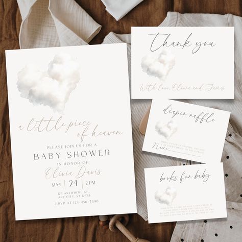 Matching Items: https://www.etsy.com/shop/BabyWondersShop?ref=dashboard-header&search_query=BS64 Celebrate your little piece of heaven with our delightful digital baby shower invitation bundle! Perfect for a heaven-themed baby shower, this editable invite captures the essence of joy and softness, making it a fitting choice for any gender-neutral celebration.  Designed to evoke a cloud 9 experience, our heaven shower evite is easy to customize, ensuring it reflects your unique style and the warmt Evite Baby Shower Invitations, Heaven Sent Baby Shower Invitations, She’s A Little Piece Of Heaven Baby Shower Theme, Piece Of Heaven Baby Shower Theme, Heavenly Baby Shower Theme, A Little Piece Of Heaven Baby Shower Boy, Little Piece Of Heaven Baby Shower Theme, Angel Baby Shower Theme, Heaven Baby Shower Theme