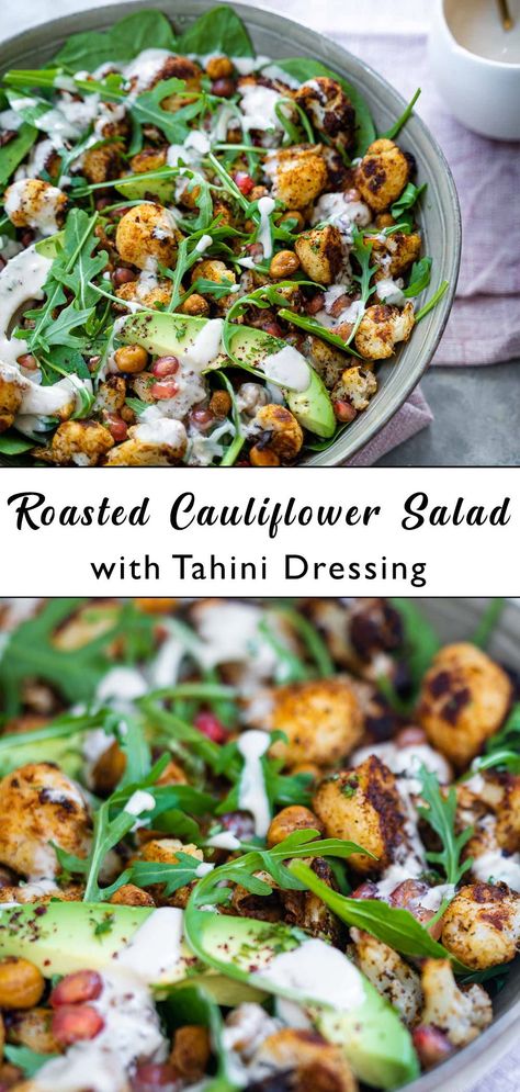 Roasted Veg Salad, Salad With Tahini Dressing, Middle Eastern Salads, Roasted Cauliflower Salad, Middle East Recipes, Cauliflower Salad, Vegetarian Salads, Vegan Salad Recipes, Tahini Dressing