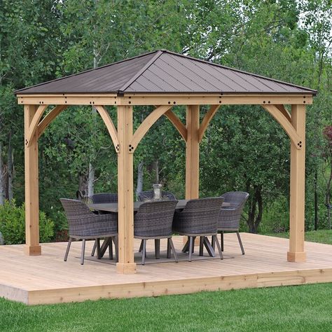 Yardistry Meridian 10 Ft. W x 10 Ft. D Solid Wood Patio Gazebo & Reviews | Wayfair Outdoor Patio Shades, Cedar Lumber, Wooden Gazebo, Hardtop Gazebo, Backyard Gazebo, Patio Shade, Gazebo Pergola, Outdoor Gazebos, Aluminum Roof