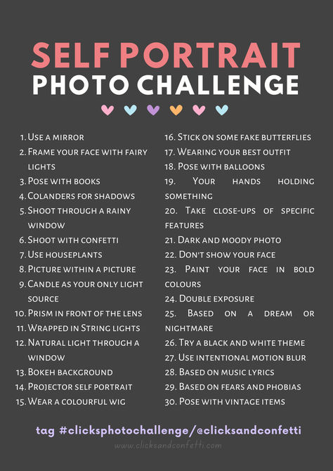 30 day self portrait photo challenge with +20 more ideas on the blog!  Comes with a free printable download.  Daily Picture Challenge, 30 Day Photo Challenge, Daily Photo Challenge, Photography Challenges For Beginners, Photography Challenge Beginners, 30 Day Challenges, Photo Challenges, Photo A Day Challenge Indoor Portrait Photography, Photography Challenge Beginners, Self Portrait Photography Ideas, Photography Challenges, Picture Challenge, Challenge Photography, 30 Day Photo Challenge, Challenge 30 Day, Daily Picture