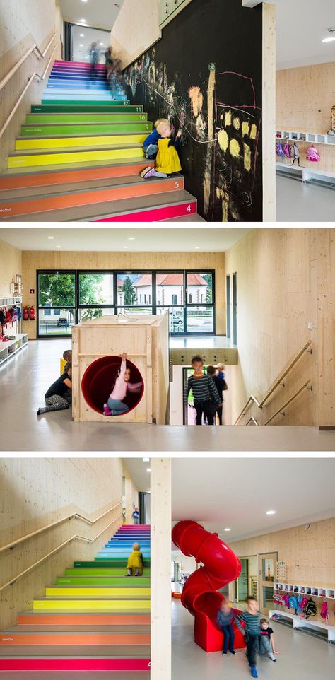 This kindergarten in Slovenia, designed by Jure Kotnik Architecture, has a staircase where they put a number on each stair, as a subtle way to encourage self-learning. Because kids have little legs, they pay attention to each stair they climb, and by placing the numbers on each stair, it gets them counting in their heads or even out loud. Kindergarten Architecture, Kindergarten Interior, Preschool Designs, Daycare Design, Kindergarten Design, Stairs Architecture, School Interior, Kids Area, Education Design